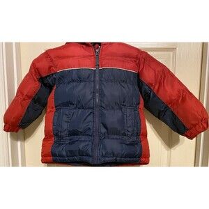 Oshkosh Red Blue Winter Puffer Coat Jacket Fleece Lined Hoodie 4T Boys EUC